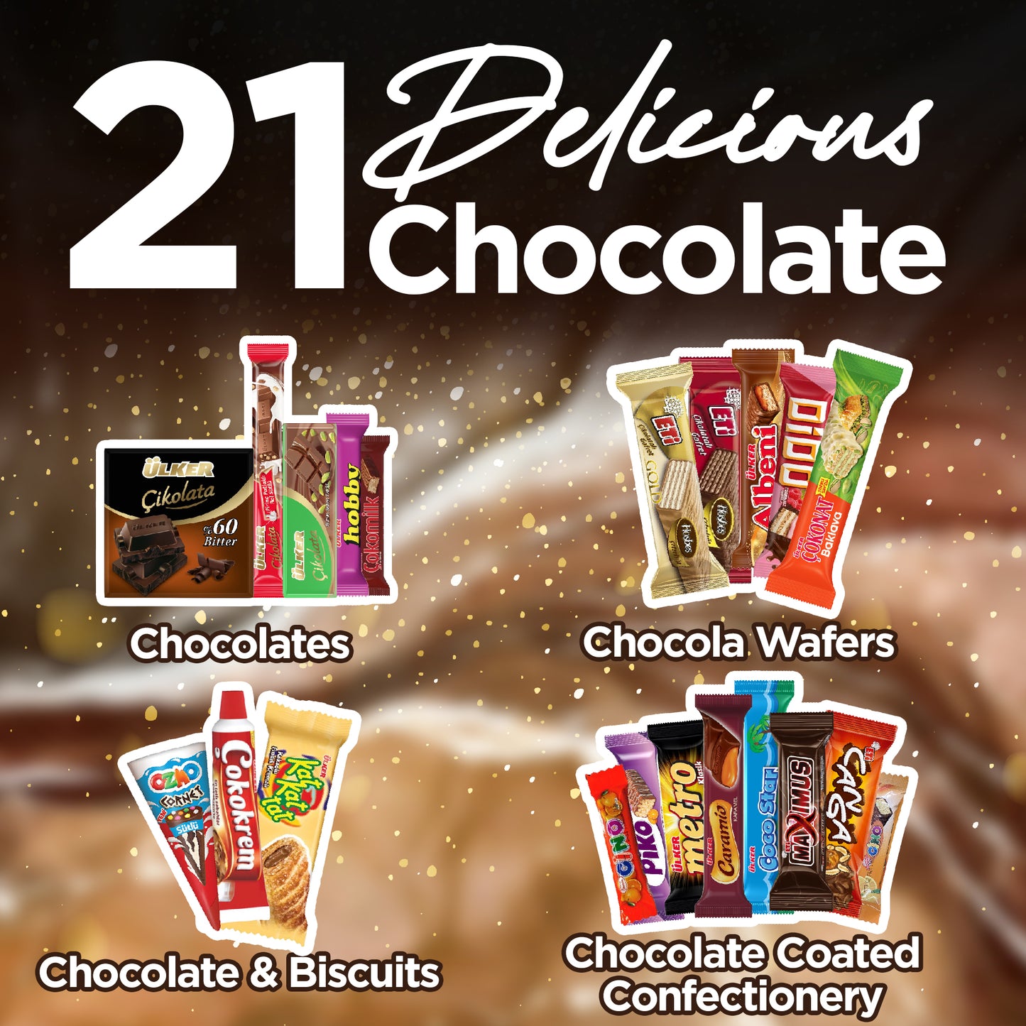 A graphic features “International Chocolate Variety Box 🍫21 Pieces” by Ceres Gourmet, showing exotic chocolate bars, wafers, biscuits, and confections grouped under Chocolates, Chocola Wafers, Chocolate & Biscuits, and Choc Coated Confectionery.