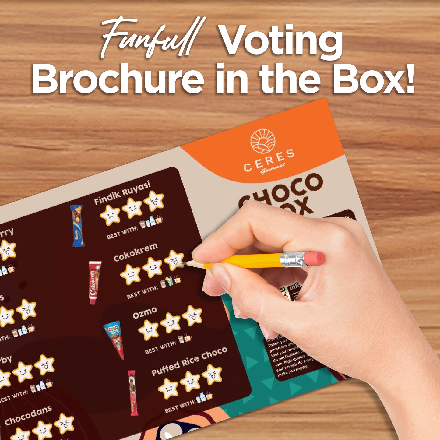 A hand with a pencil marks stars on a voting brochure titled International Chocolate Variety Box 🍫21 Pieces from Ceres Gourmet, featuring chocolate images and categories. Above: “Funfull Voting Brochure in the Box!”.