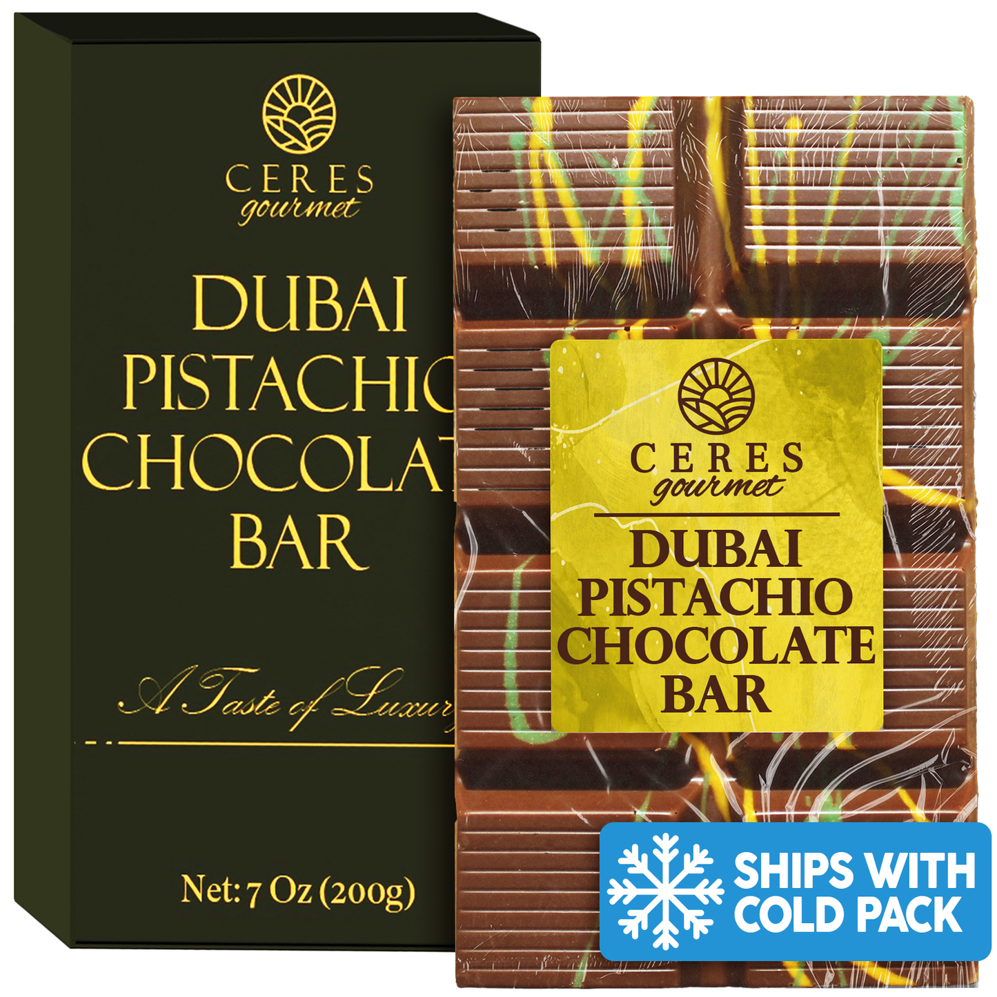 A box and unwrapped Ceres Gourmet Dubai Chocolate Kunafa Pistachio Indulge in the Irresistible Delight 7oz Bar with black and gold packaging, blue Ships With Cold Pack sticker, and pistachio pieces inside.