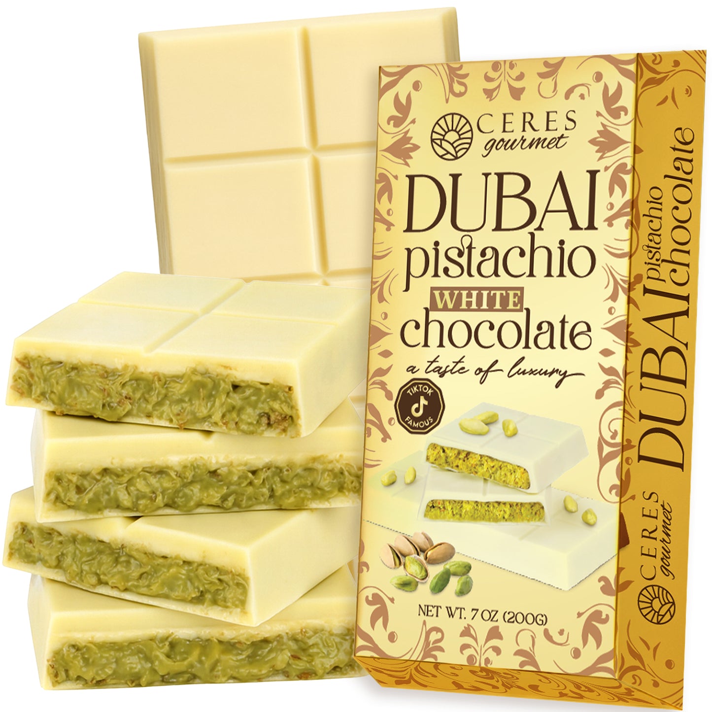 White Dubai Chocolate Crispy Knafeh Pistachio Bar 7oz