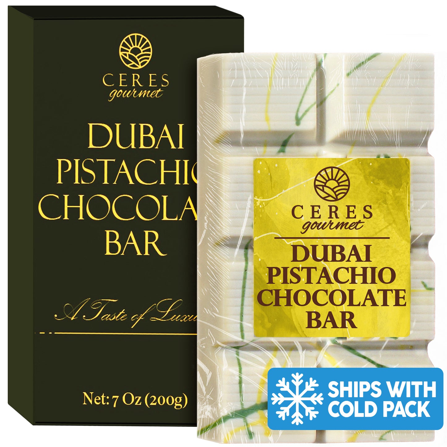 Ceres Gourmet White Chocolate Dubai Crispy Knafeh Pistachio Bar, 7oz (200g), in colorful packaging next to its black and gold box, with a Ships With Cold Pack label at the bottom right.