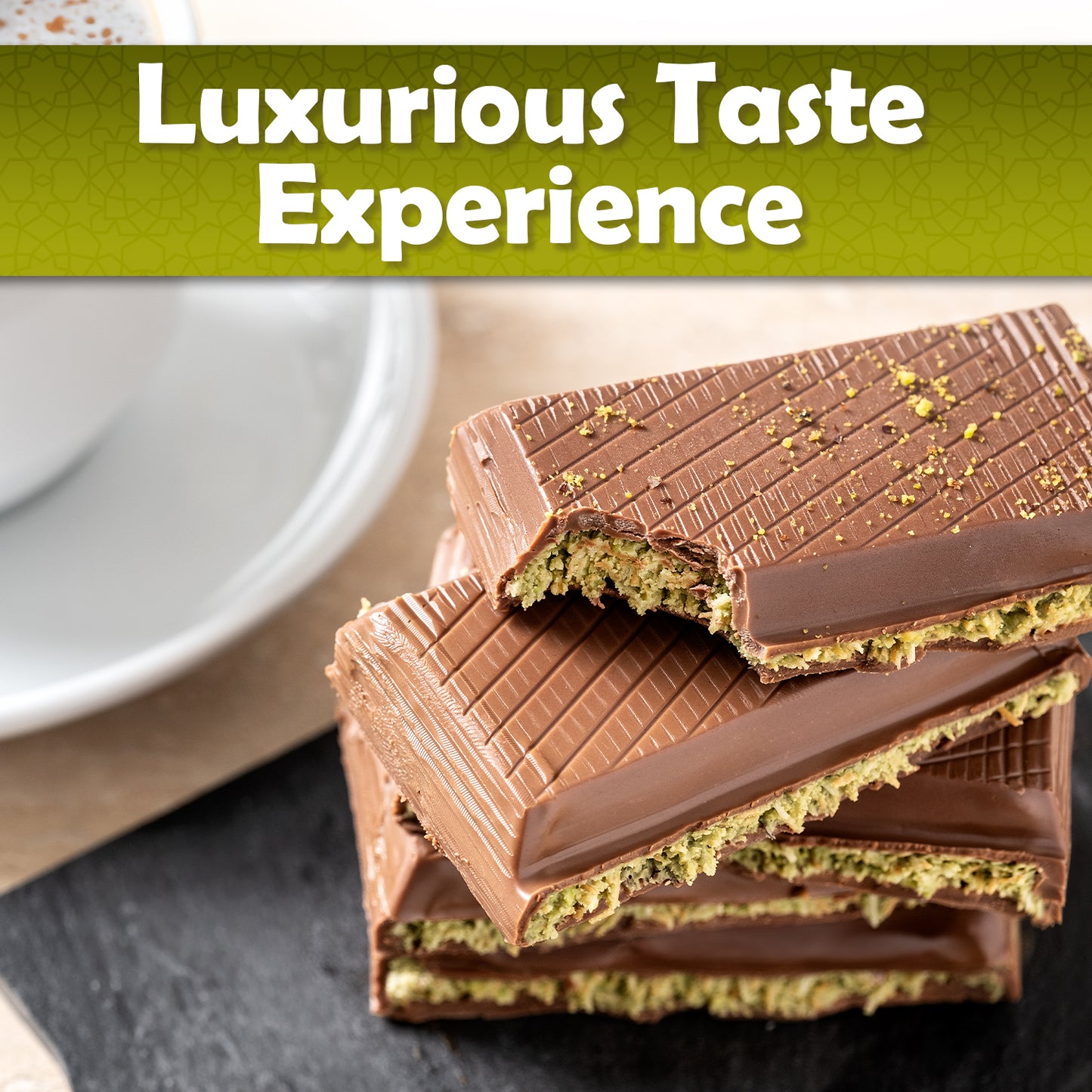Chocolate bars with a green crumbly filling on a dark surface, text 'Luxurious Taste Experience' above.