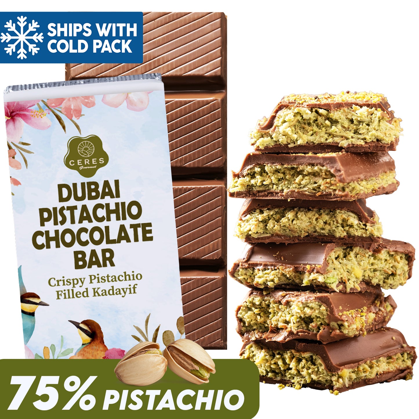 The Ceres Gourmet Viral Dubai Chocolate Bar, 75% Pistachio (7 oz), features stacked pieces with a vibrant pistachio cream center—an ideal pick for fans of viral chocolate treats.