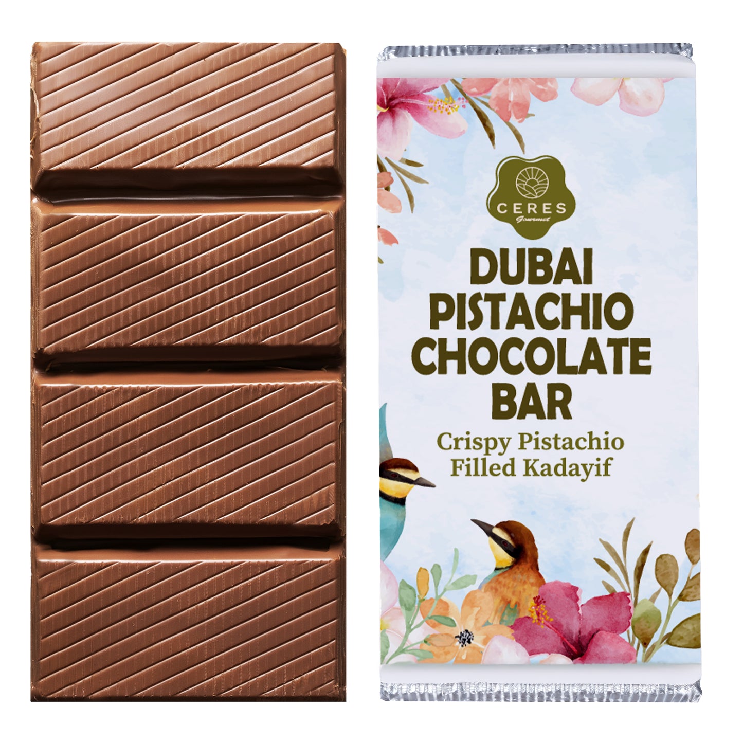 A chocolate bar with diagonal lines is shown beside its wrapper, labeled Ceres Gourmet Viral Halloween Dubai Chocolate Bar, 75% Pistachio-7 oz, and decorated with colorful floral and bird illustrations.