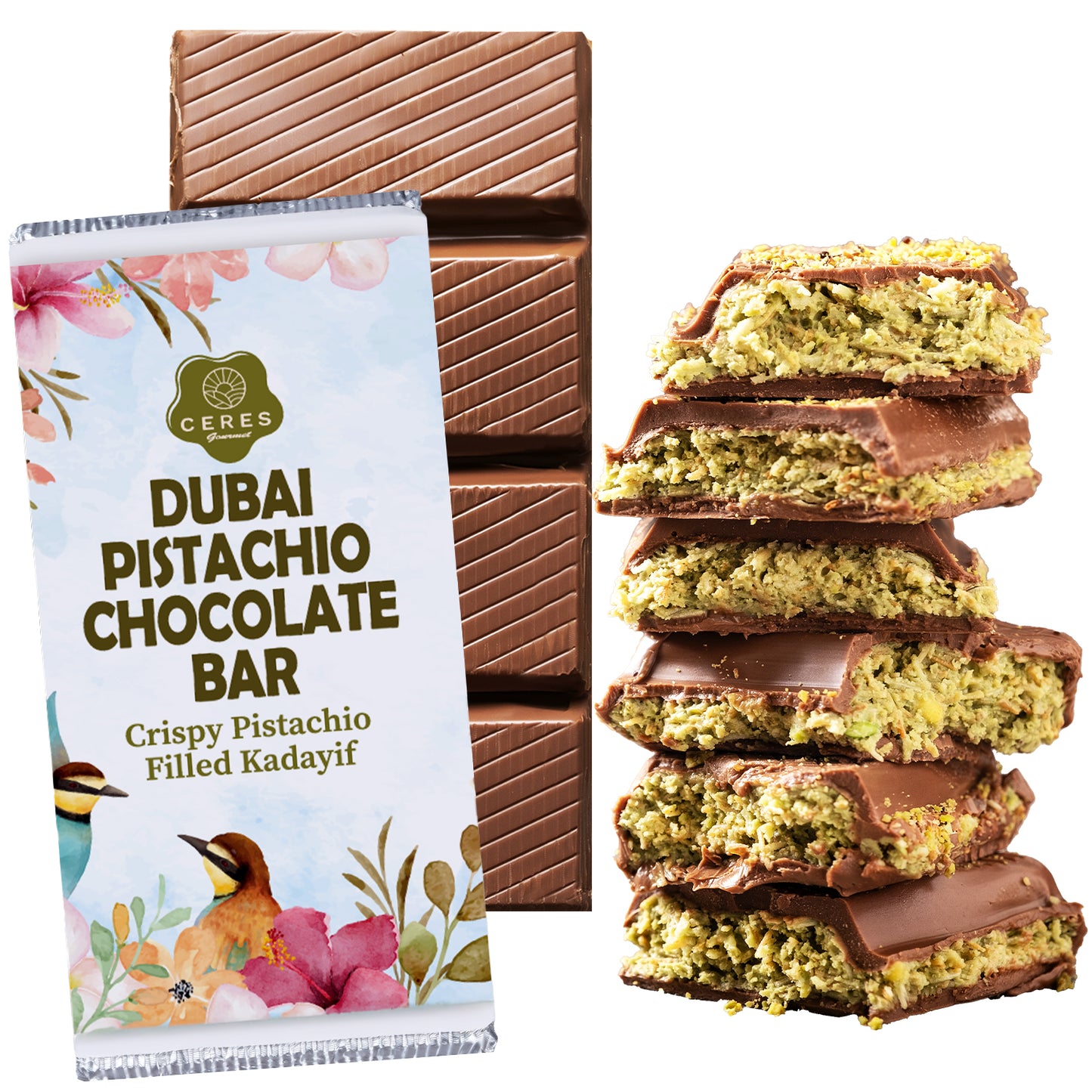 The Ceres Gourmet Viral Dubai Chocolate Bar, 75% Pistachio (7 oz), with floral packaging, sits next to an unwrapped bar and chocolate pieces filled with rich green pistachio cream kadayıf.