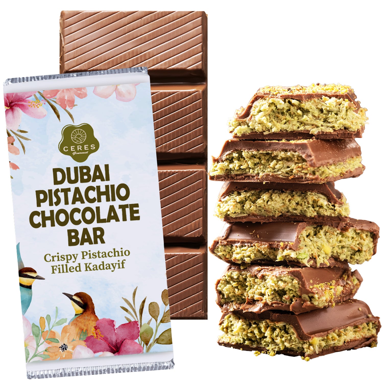 A Ceres Gourmet Viral Halloween Dubai Chocolate Bar, 75% Pistachio (7 oz), in festive floral packaging is displayed beside handcrafted chocolate pieces filled with green pistachio and premium pistachio cream.