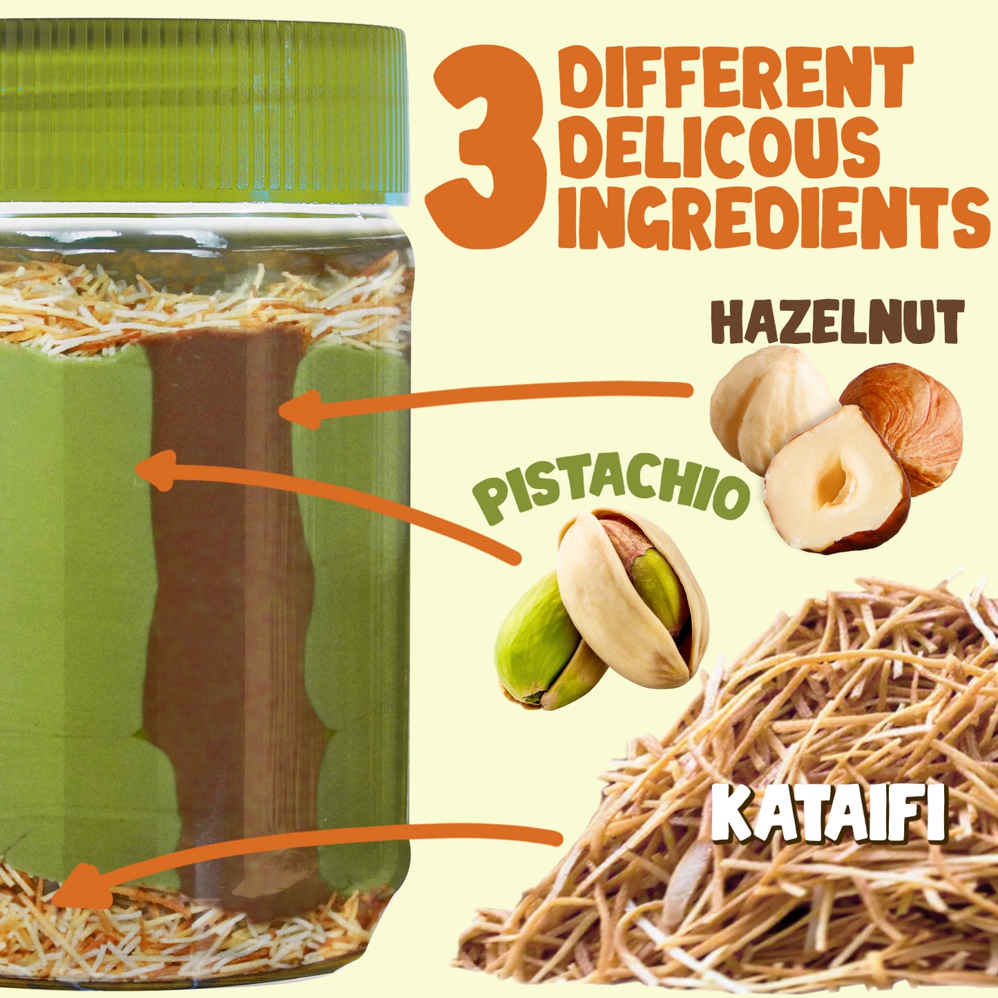 Ceres Gourmet’s Dubai Chocolate Jar - 9.7 oz (TikTok) showcases three layers—pistachio cream, hazelnut butter, and kataifi—with “3 different delicious ingredients” text and images of pistachios, hazelnuts, and kataifi pastry.