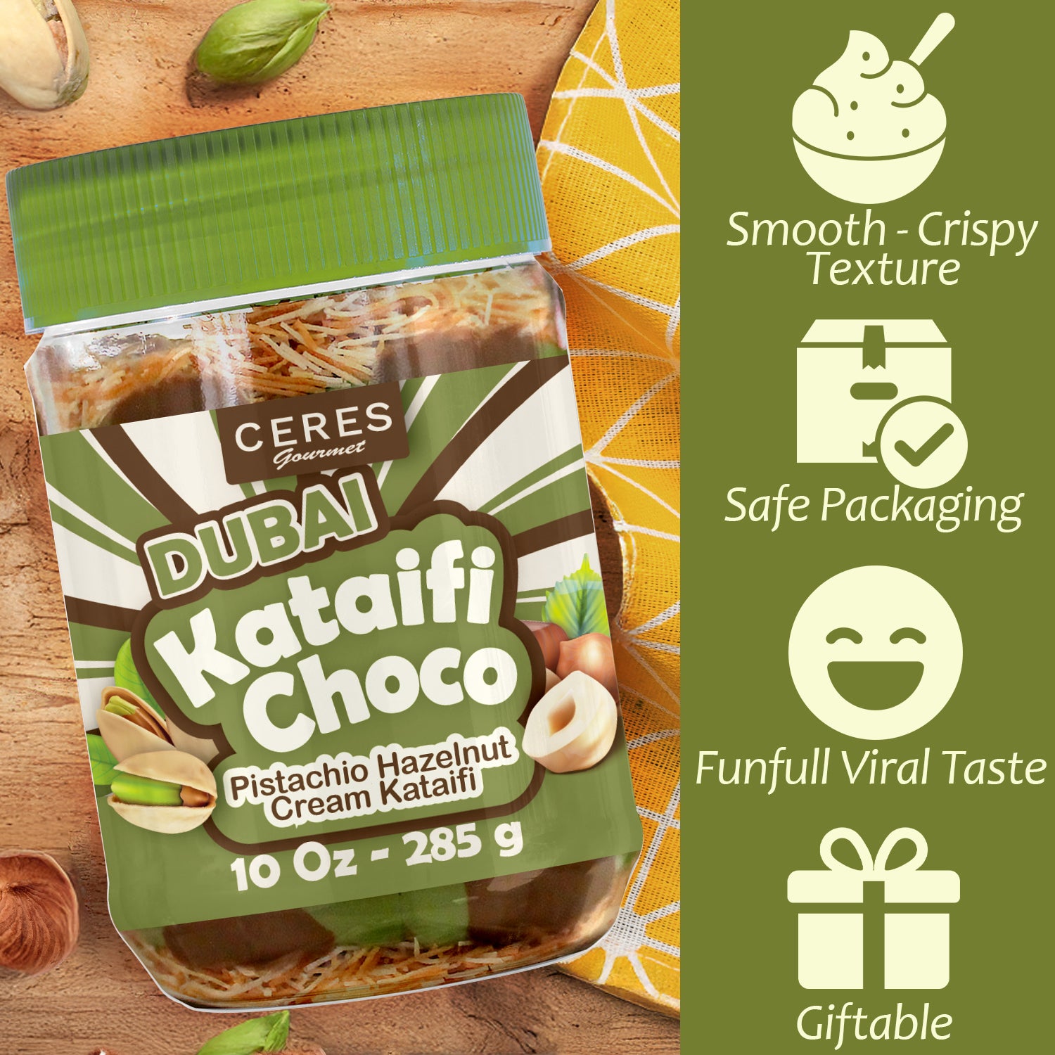 A 9.7 oz Dubai Chocolate Jar by Ceres Gourmet sits on a wooden surface with pistachios and kataifi, while icons showcase its smooth texture, safe packaging, viral TikTok taste, and gift-worthy appeal.