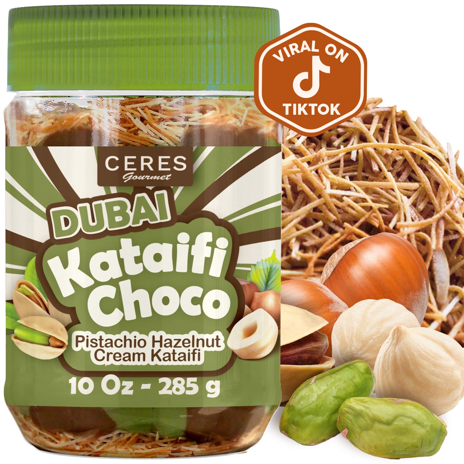The Ceres Gourmet Dubai Chocolate Jar (9.7 oz) went viral on TikTok! Features kataifi pastry strands, pistachios, and hazelnut butter blended into delicious pistachio cream.