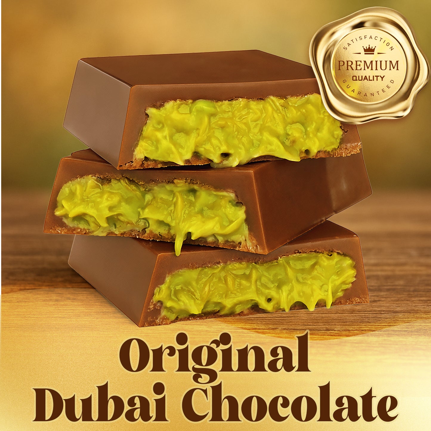 Three Ceres Gourmet Dubai Chocolate Bar Pistachio with Milky Chocolate and Knafeh (3.5 oz) pieces are stacked on wood, featuring a Premium Quality gold seal and "Original Dubai Chocolate" text below.