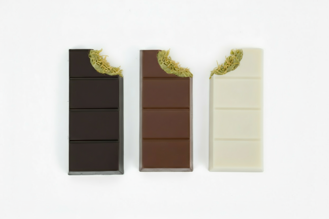 Three rectangular chocolate bars in different colors on a white background