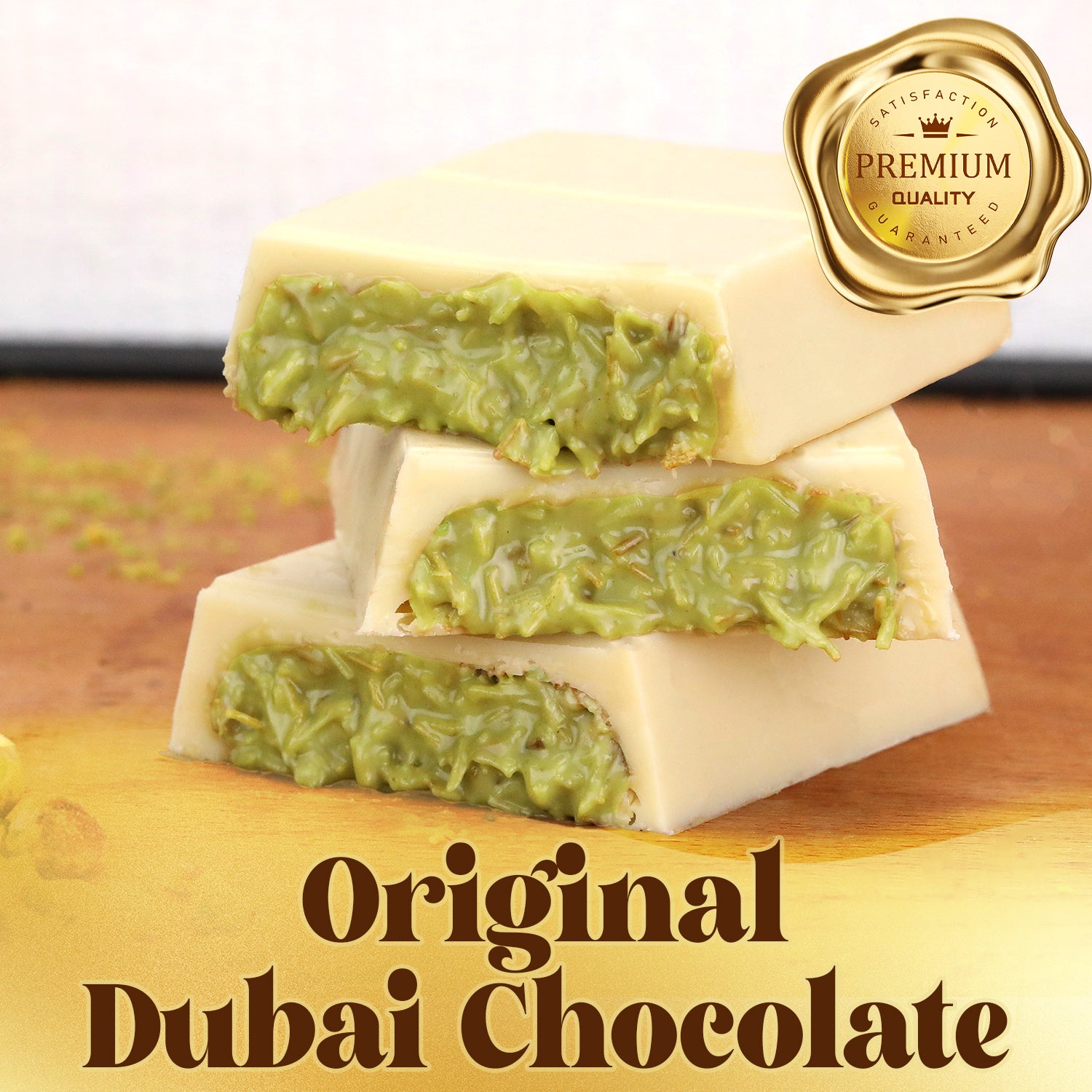 Three pieces of Dubai Chocolate Kataifi and Pistachio by Ceres Gourmet are stacked on wood. A gold "Premium Quality" badge is in the top right, with “Original Dubai Chocolate” below. Gold Package includes Dark, White & Milky (3.5 oz).
