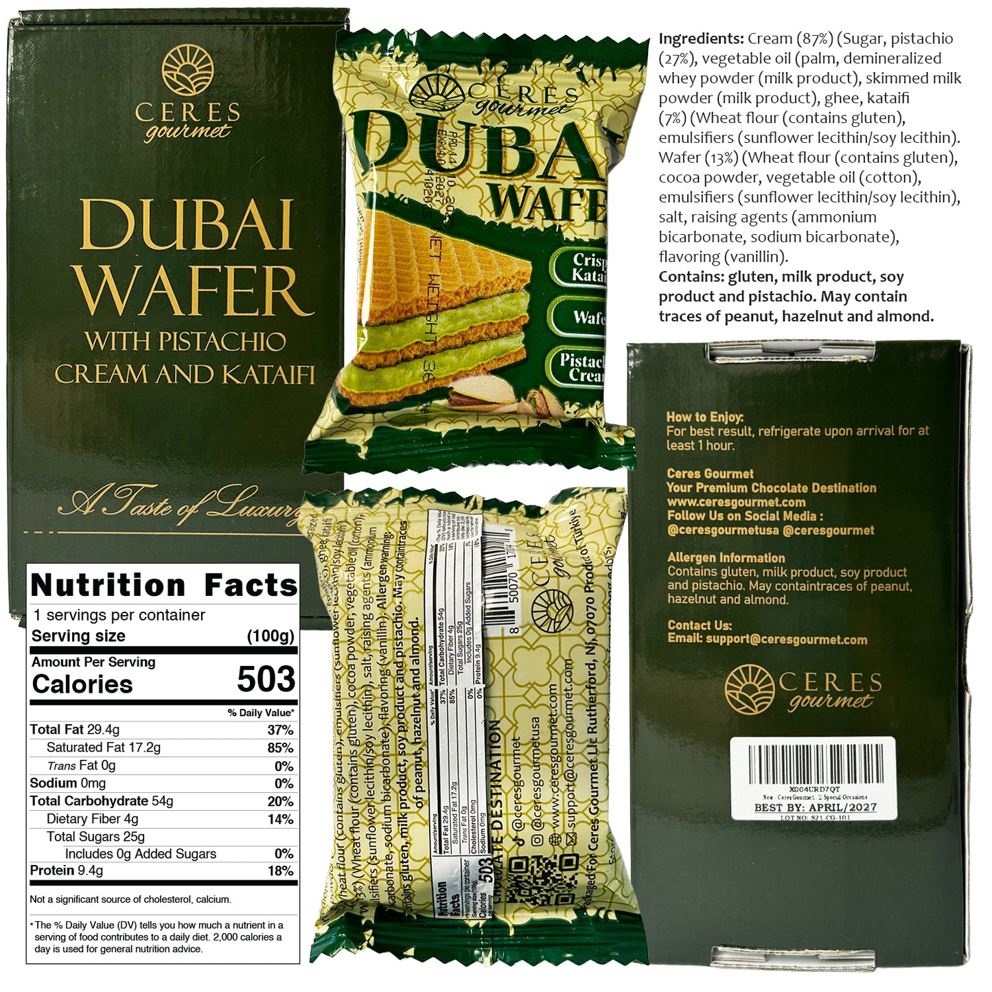 Ceres Gourmet Dubai Wafer packaging with various views including front, back, and nutrition facts.