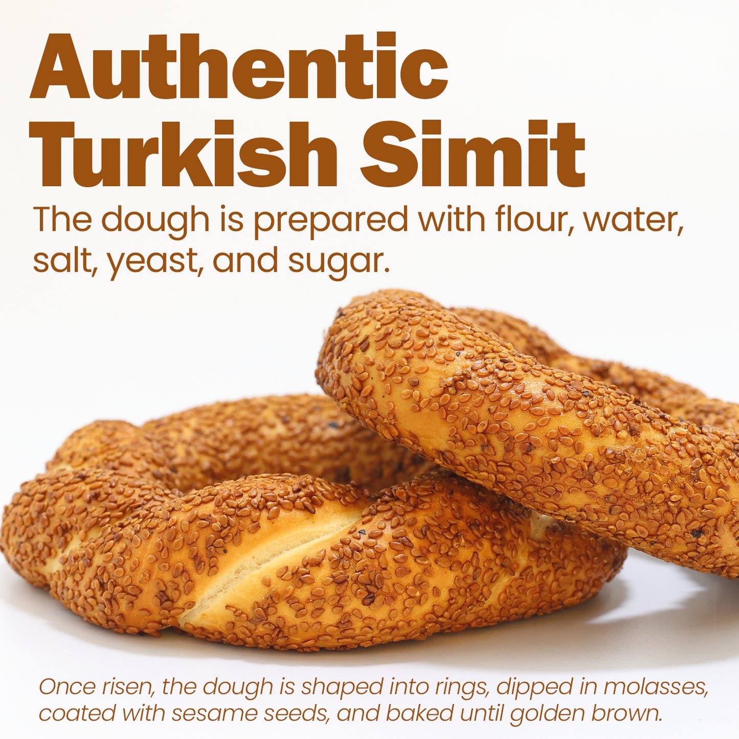 Authentic Turkish Simit with text about its preparation on a white background