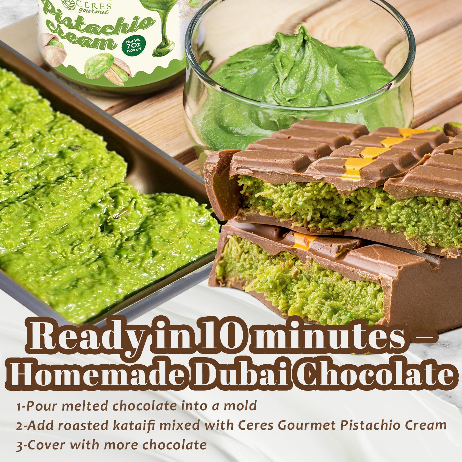 Dubai Chocolate bars with green filling and text about homemade Dubai chocolate recipe.