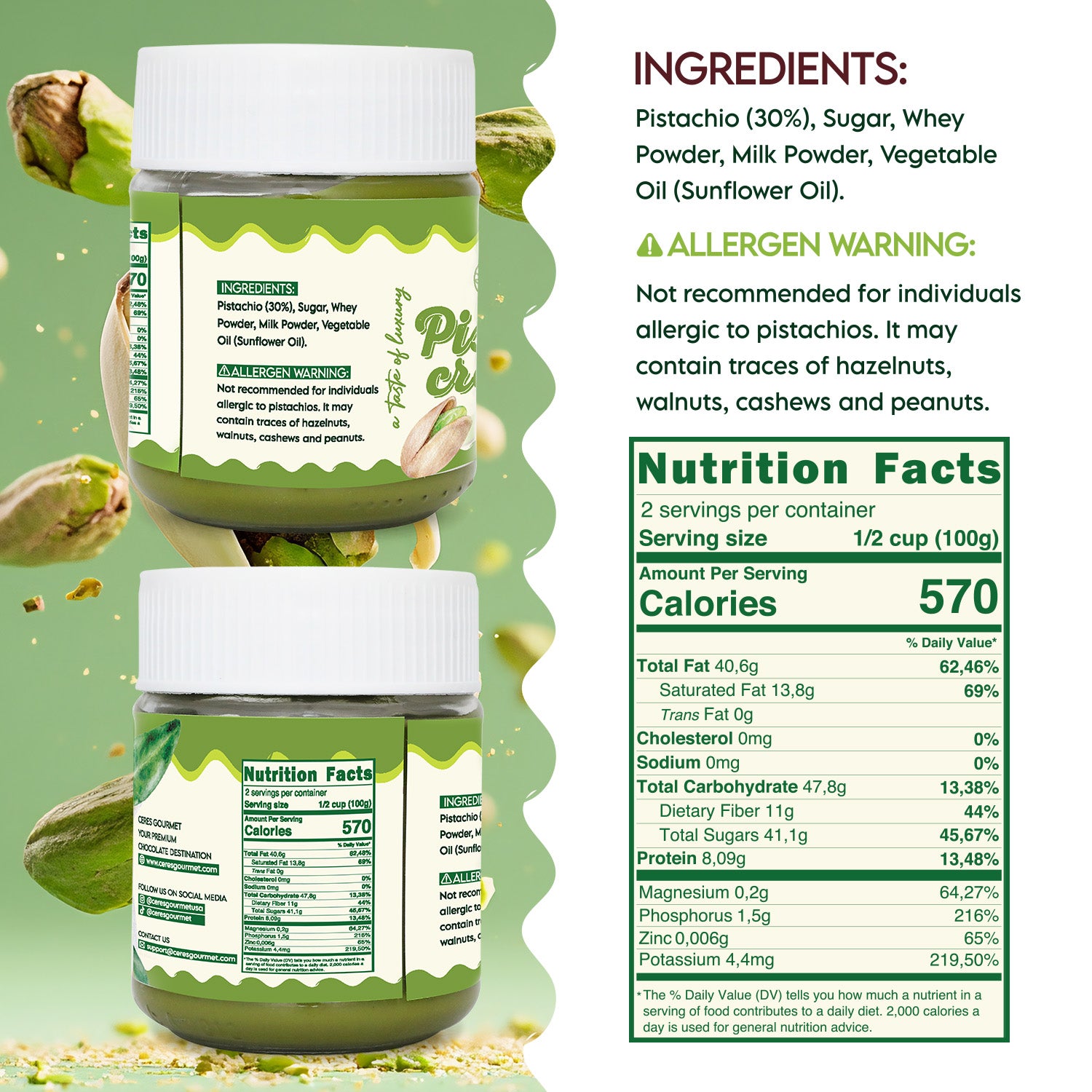 Two jars of a pistachio-flavored product with ingredient list and nutrition facts on a green background.