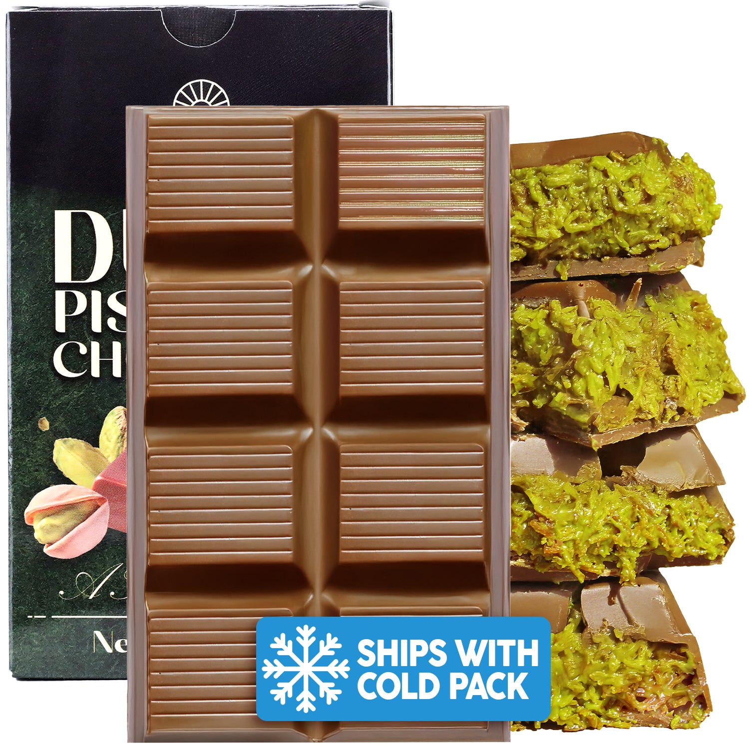 Chocolate bar with green crumb topping next to a box labeled 'Dutch' and a 'Ships with Cold Pack' label.