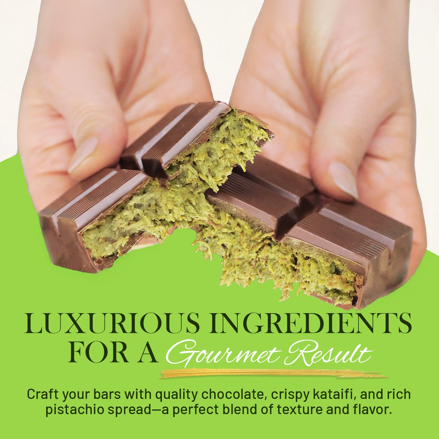 A hand holds a halved Ceres Gourmet Dubai Chocolate Bar DIY Set (Milky - Dark or White), showing green pistachio filling and kataifi. Text highlights its blend of quality chocolate, crispy kataifi, and pistachio spread—a viral dessert kit.