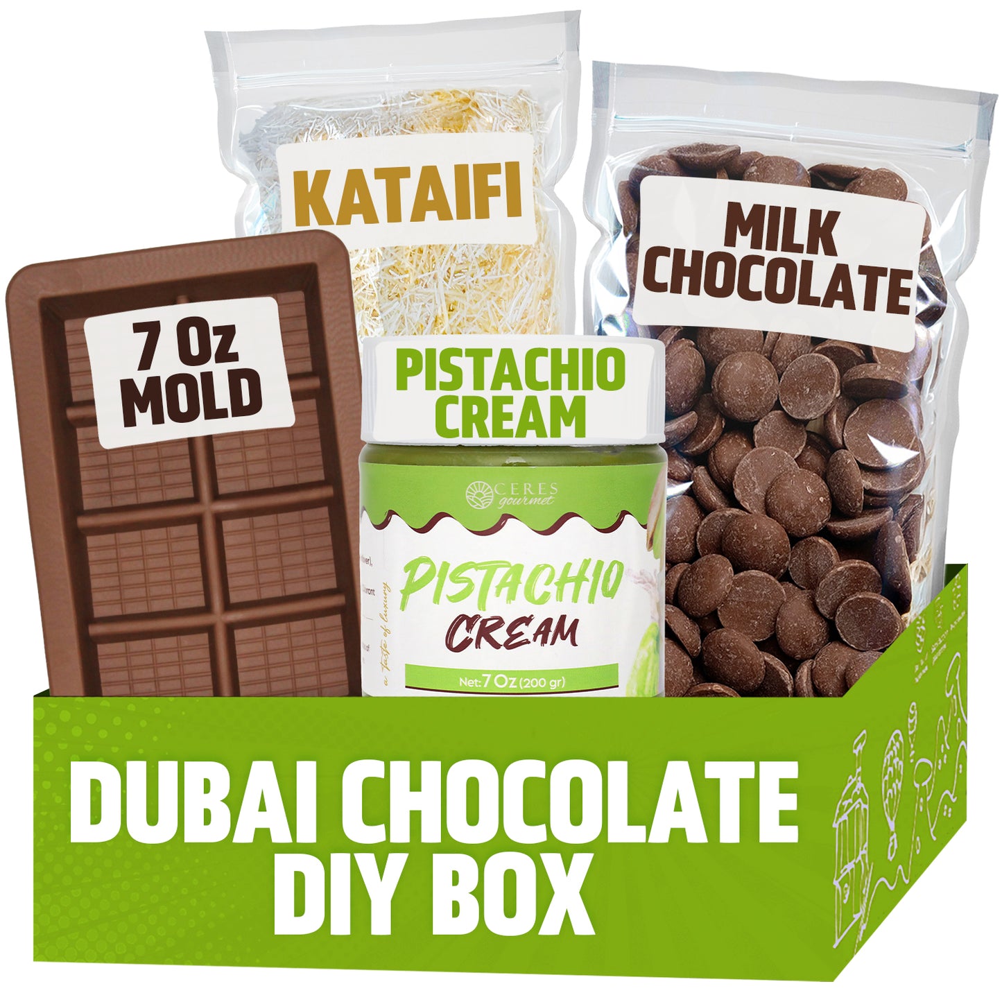 The Ceres Gourmet Dubai Chocolate Bar DIY Set - Milky, Dark, or White Chocolate includes a 7 oz mold, kataifi pastry, chocolate buttons, and pistachio cream—all packed in stylish green packaging for crafting luxurious pistachio bars.