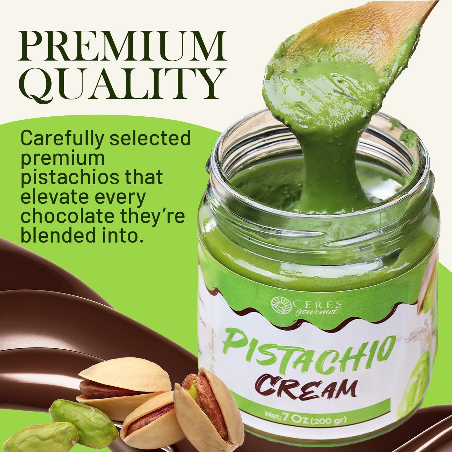 A jar of Ceres Gourmet Dubai Chocolate Bar DIY Set – Milky, Dark, or White Chocolate – with a wooden spoon lifting the creamy spread. Chocolate pieces and bars are nearby. Text highlights the premium quality and carefully selected ingredients.