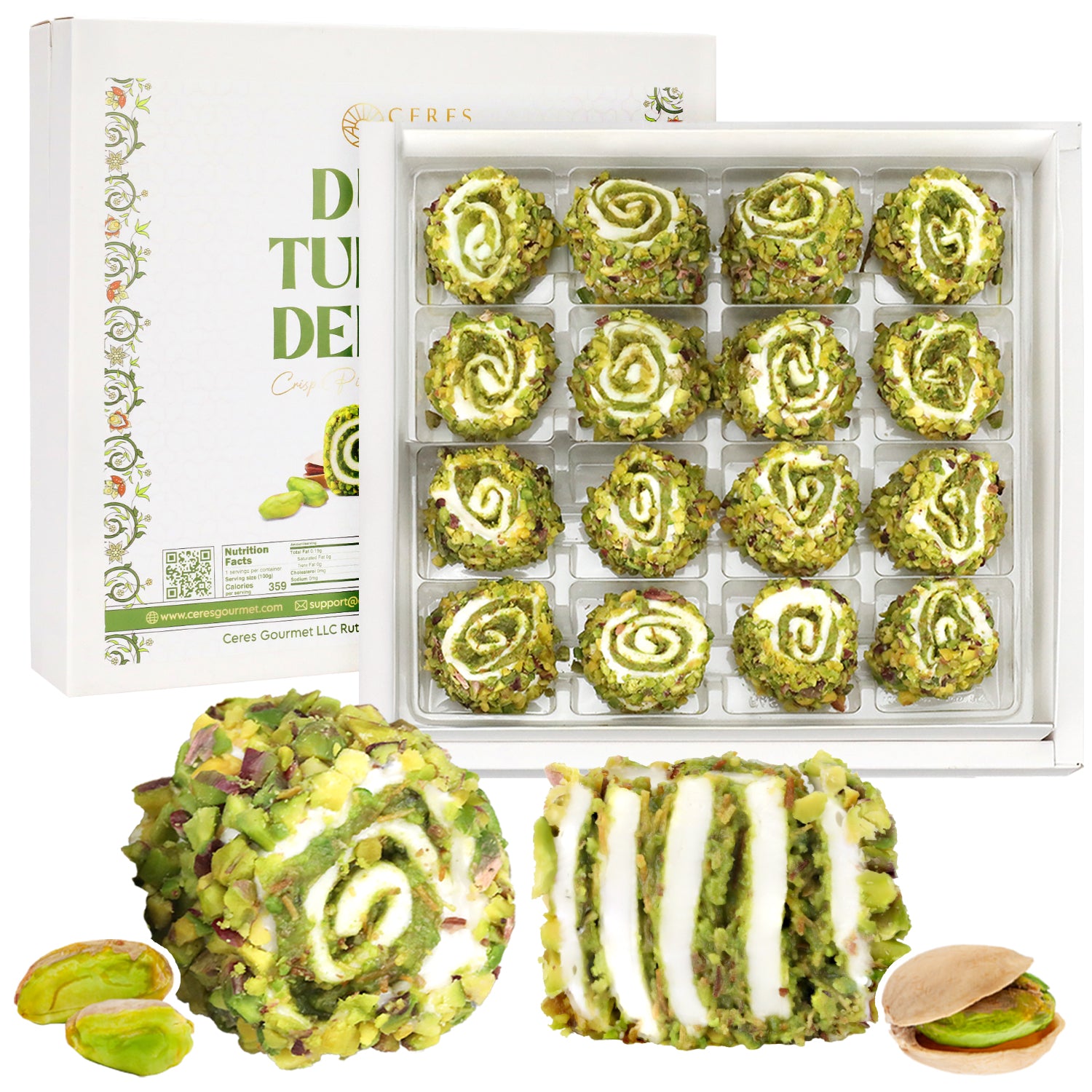 A 17.6 oz box of Ceres Gourmet Turkish Delight with Dubai Chocolate Filling, featuring rich coating and creamy swirls. Two pieces and pistachio nuts are shown in front of the open box, showcasing their exquisite texture.