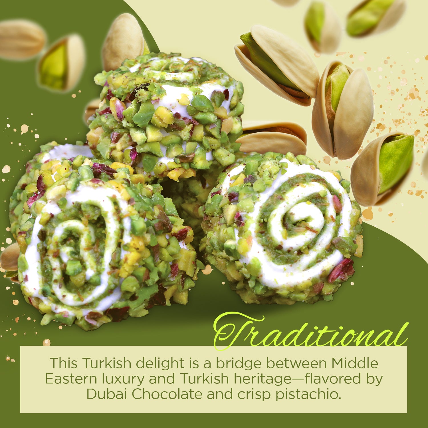 Ceres Gourmet’s Turkish Delight with Dubai Chocolate Filling (17.6 oz) features three pieces rolled in creamy white and coated with crunchy pistachios, surrounded by whole and halved pistachios for an authentic flavor.