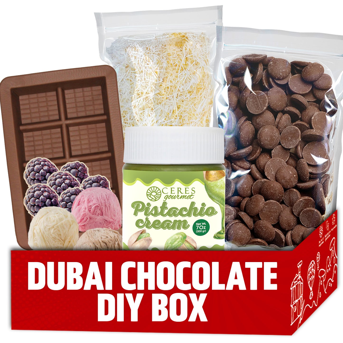 The Ceres Gourmet DIY Angel Hair Dubai Chocolate Bar Set includes pistachio cream, Pişmaniye, a chocolate bar mold, and chocolate chips—fun for families and perfect for making viral desserts.