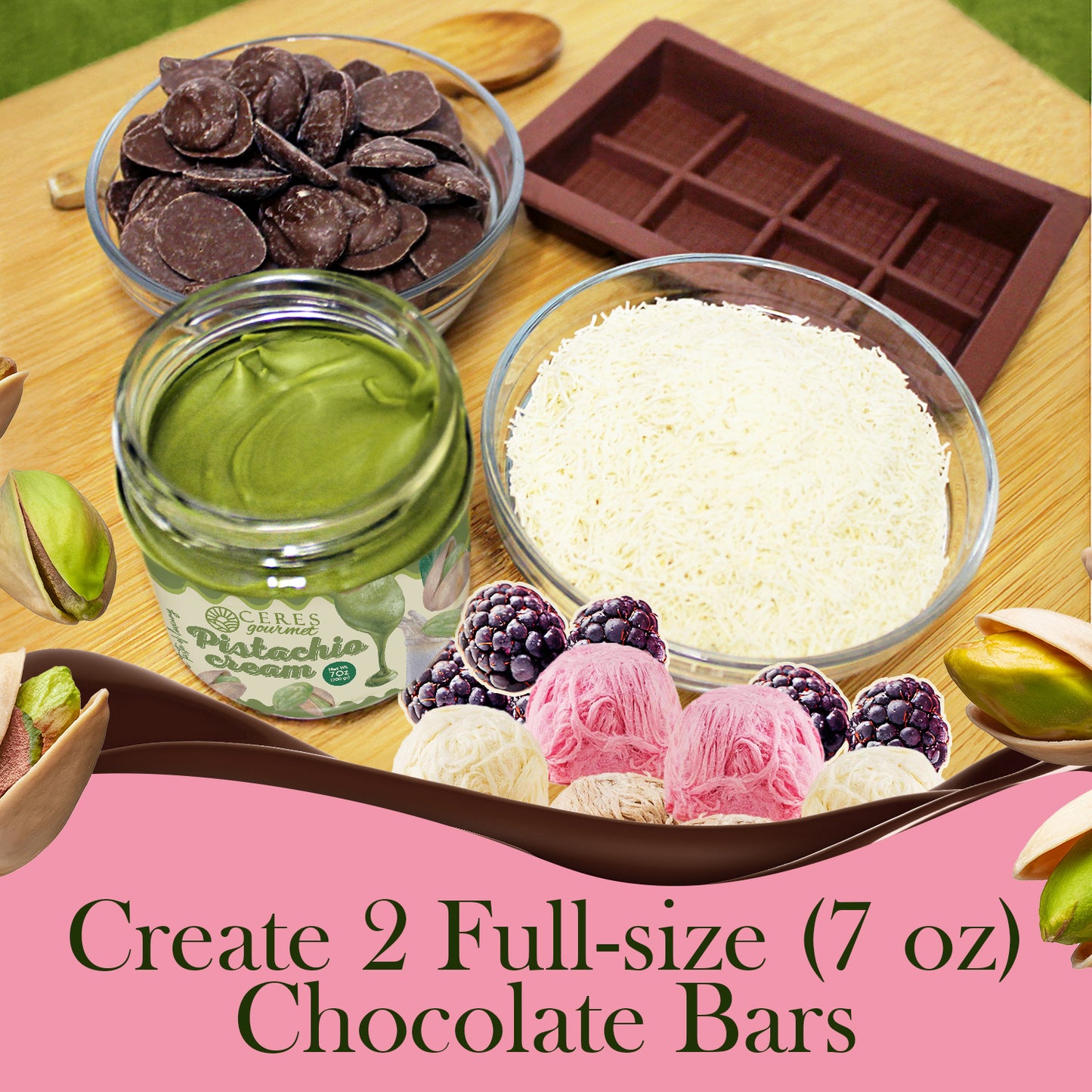 The Ceres Gourmet DIY Angel Hair Dubai Chocolate Bar Set—Pistachio Cream & Pişmaniye—includes all you need to make 2 full-size (7 oz) bars, with wafers, coconut, mold, and decorations for a fun family or viral dessert activity.