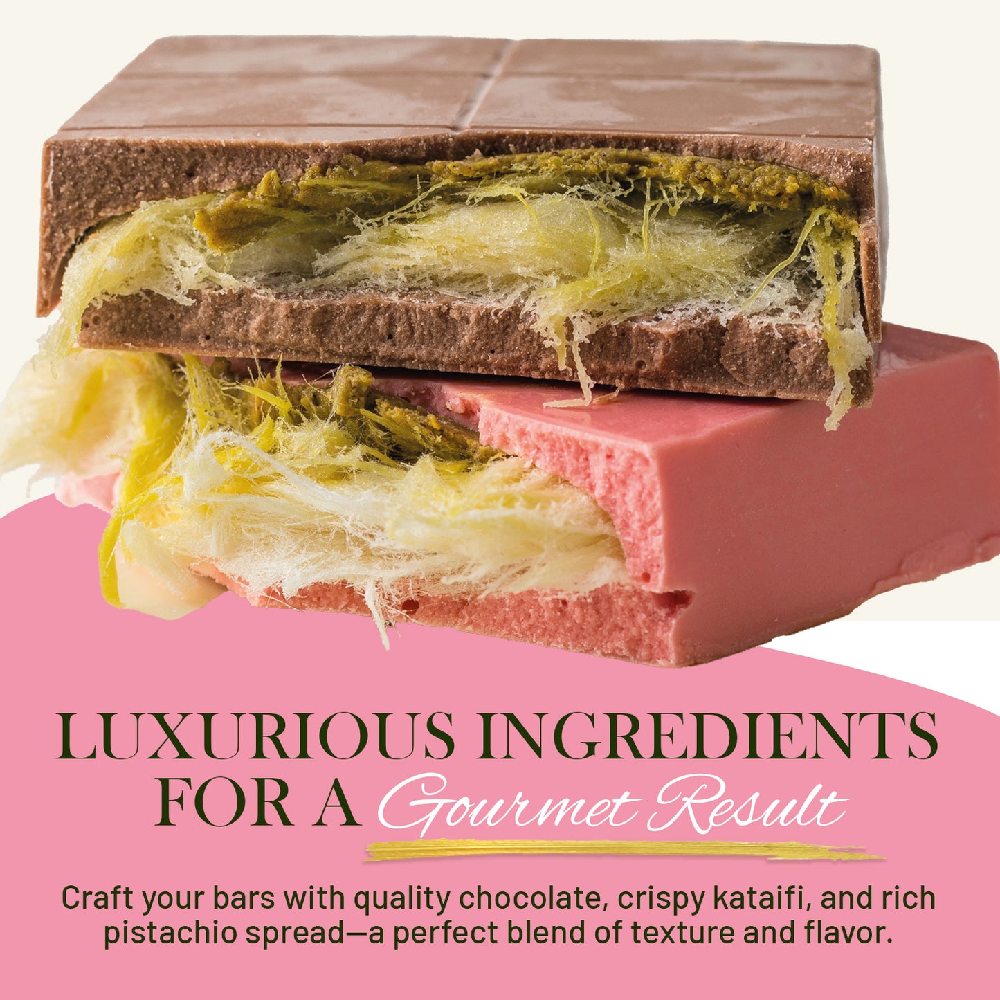 Ceres Gourmet’s DIY Angel Hair Dubai Chocolate Bar Set features milk and pink bars layered with crispy pişmaniye and pistachio chocolate cream—a gourmet treat blending textures and flavors, perfect for fun family or viral dessert activities.