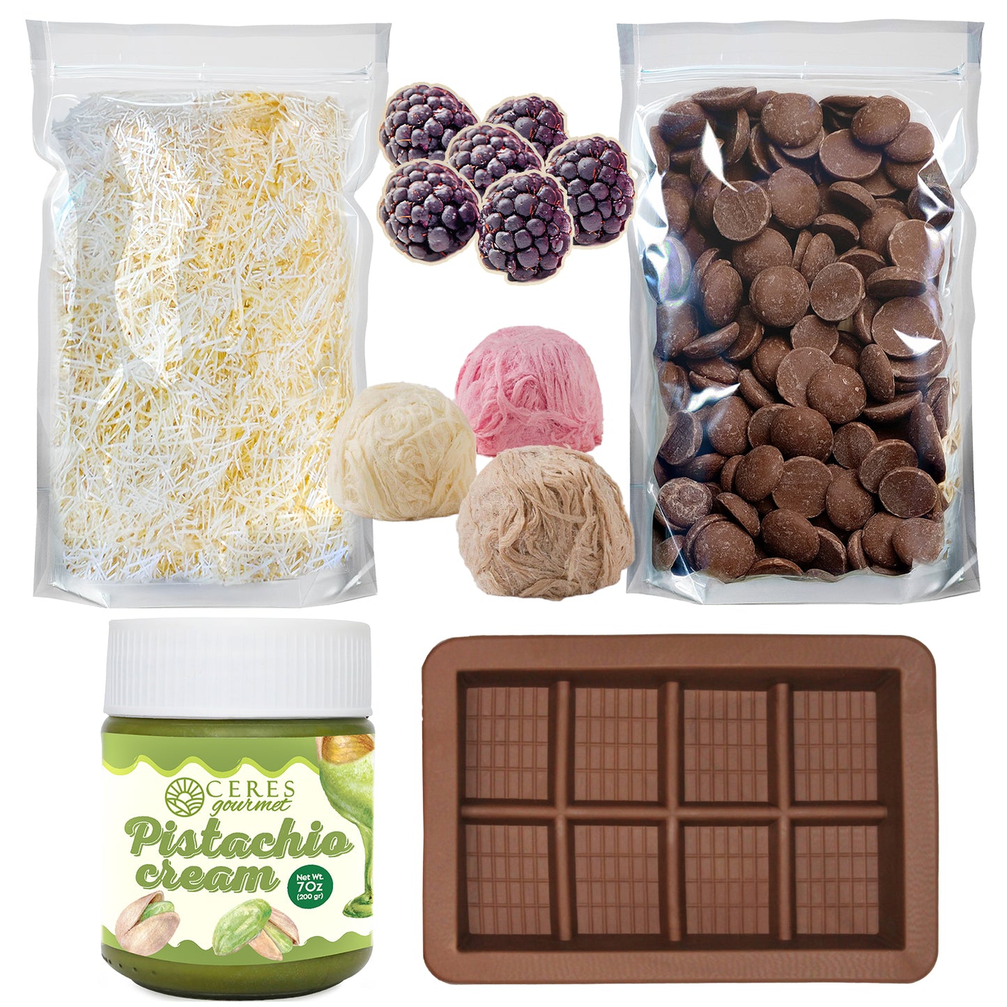 Assorted dessert ingredients: Ceres Gourmet DIY Angel Hair Dubai Chocolate Bar Set with pistachio cream and pişmaniye for fun family activities, plus blackberries and a chocolate bar kit mold.