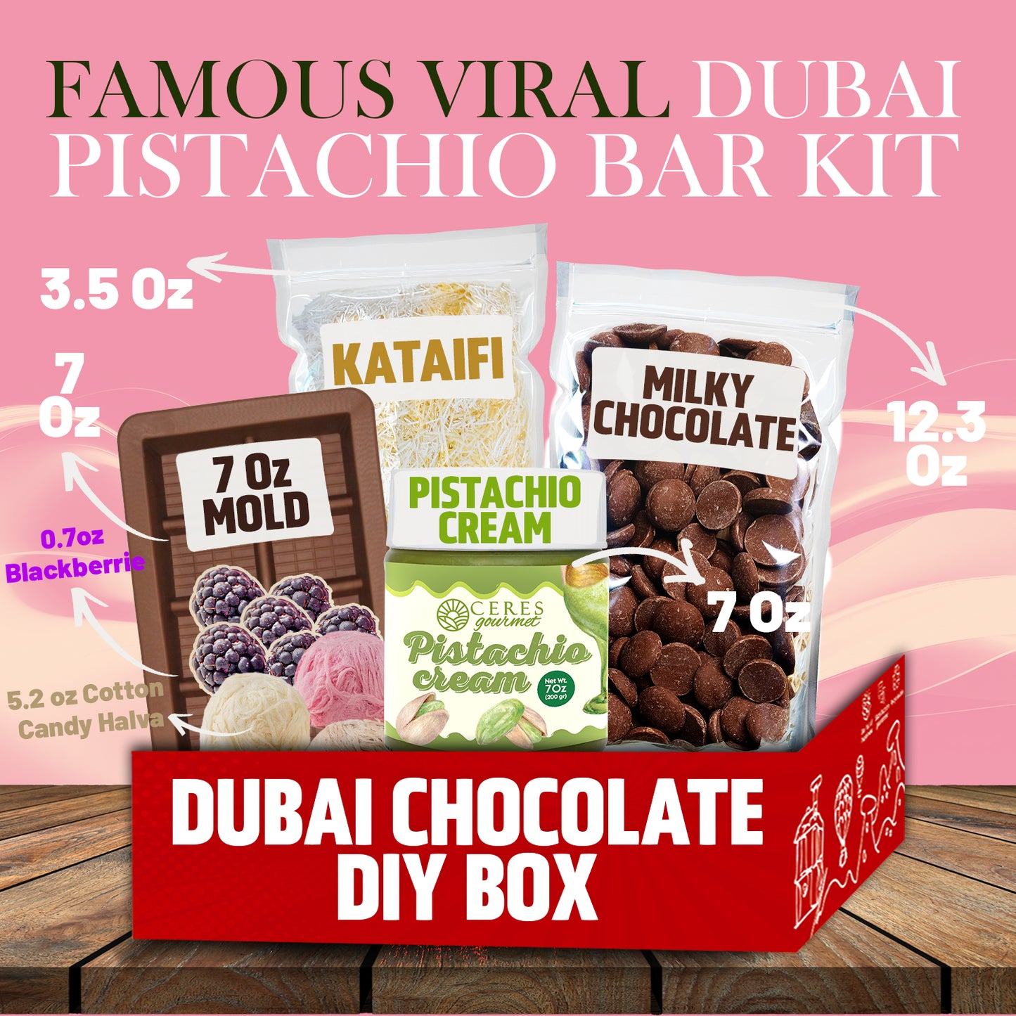The Ceres Gourmet DIY Angel Hair Dubai Chocolate Bar Set features pistachio cream, pişmaniye, a 7 oz mold, and clearly labeled ingredients—perfect for fun family or viral dessert activities.
