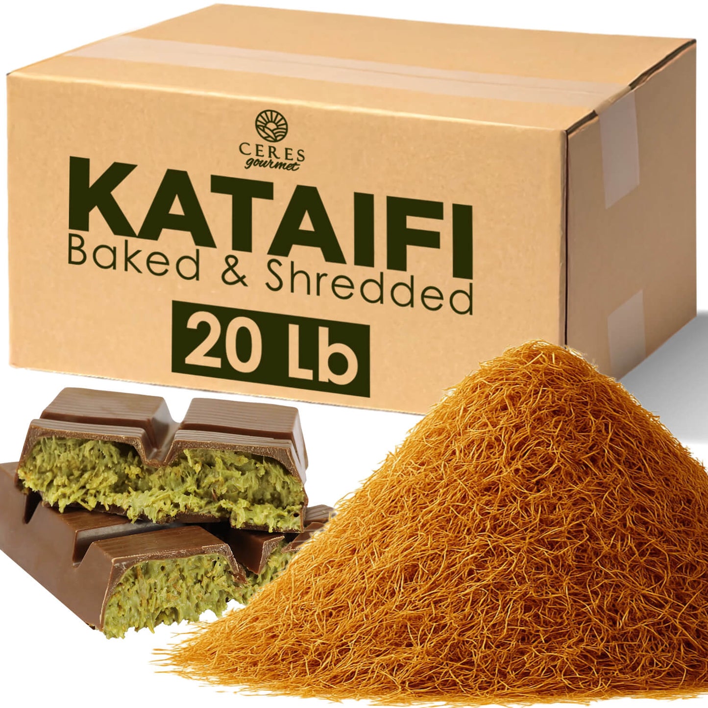 A large box labeled Ceres Gourmet Baked Kataifi 10-20-45 Lb sits behind a pile of baked kataifi pastry and two chocolate-covered, green-filled desserts—ideal for adding a unique touch to chocolate desserts.