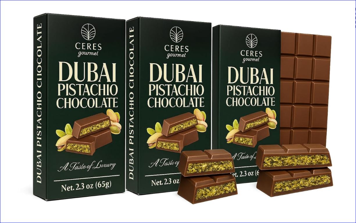 Three boxes of Ceres Gourmet Dubai Chocolate Bar 3-12-24-Pack (2.3 oz) and three bars with visible pistachio filling, upright and partially unwrapped in front of the boxes.