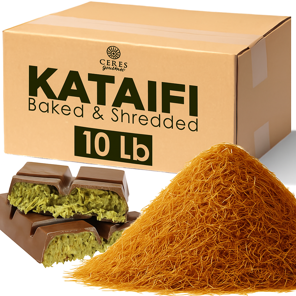 A box labeled Ceres Gourmet Baked Kataifi 10-20-45 Lb sits behind golden-brown baked kataifi and chocolate desserts filled with green pistachio cream.