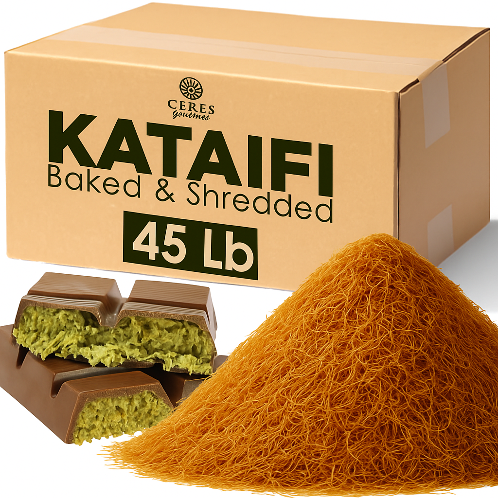 A large box labeled Ceres Gourmet Baked Kataifi 10-20-45 Lb is displayed behind a pile of baked kataifi dough and a chocolate bar with green filling, ideal for creative chocolate desserts or as a unique dessert topping.