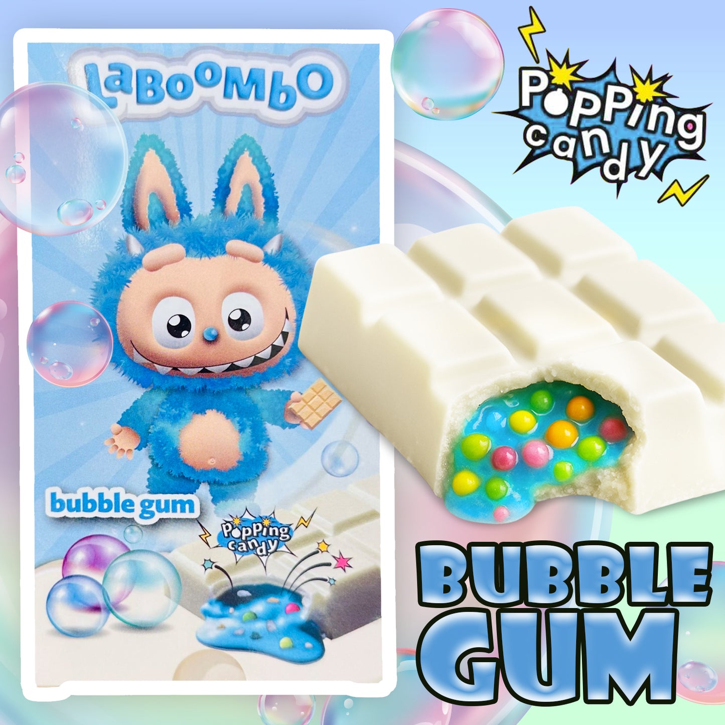 A playful blue cartoon character in a fuzzy costume holds a Ceres Gourmet Laboombo Dubai Chocolate Bar—available in Cookies, Strawberry, Caramel, and Bubble Gum flavors. Bubbles and Popping Candy text complete the fun scene for unique chocolate fans.
