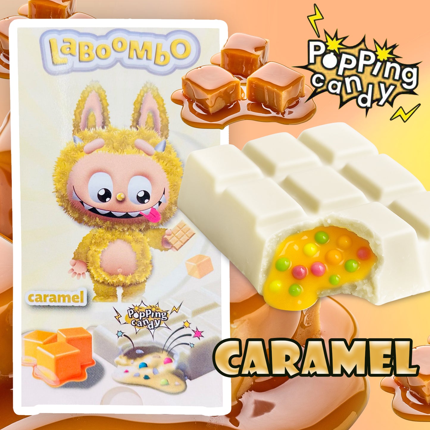 A cartoon caramel creature stands beside a Ceres Gourmet Laboombo Dubai Chocolate Bar filled with colorful popping candy. Text reads Popping Candy, Caramel, and LABOOMBO. Cubes and sauce hint at the unique chocolate flavors.