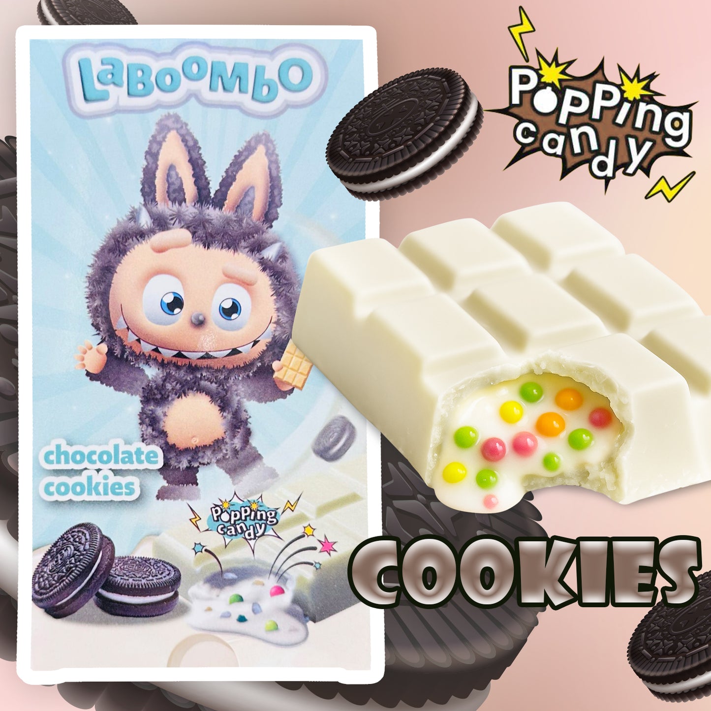 A cartoon bunny in a furry suit with cookies stands beside Ceres Gourmet Laboombo Dubai Chocolate Bars (Cookies, Strawberry, Caramel, Bubble Gum flavors, 4x75g), each filled with popping candy for a fun and unique treat.