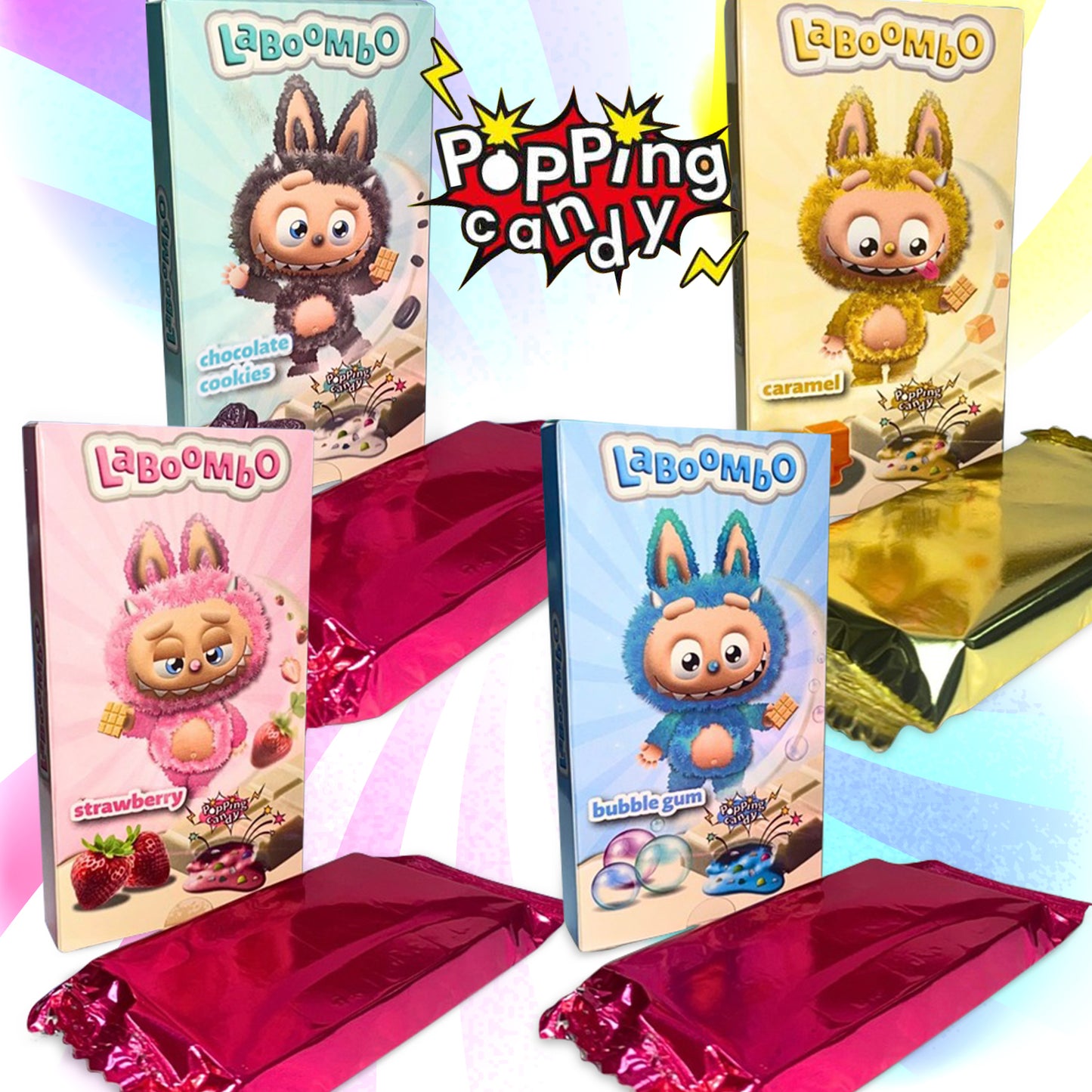 Ceres Gourmet’s Laboombo Dubai Chocolate Bars 4x75g set features colorful cartoon animal wrappers and unique flavors: cookies, caramel, strawberry, and bubble gum. Each premium bar is paired with shiny pink and gold packaging.