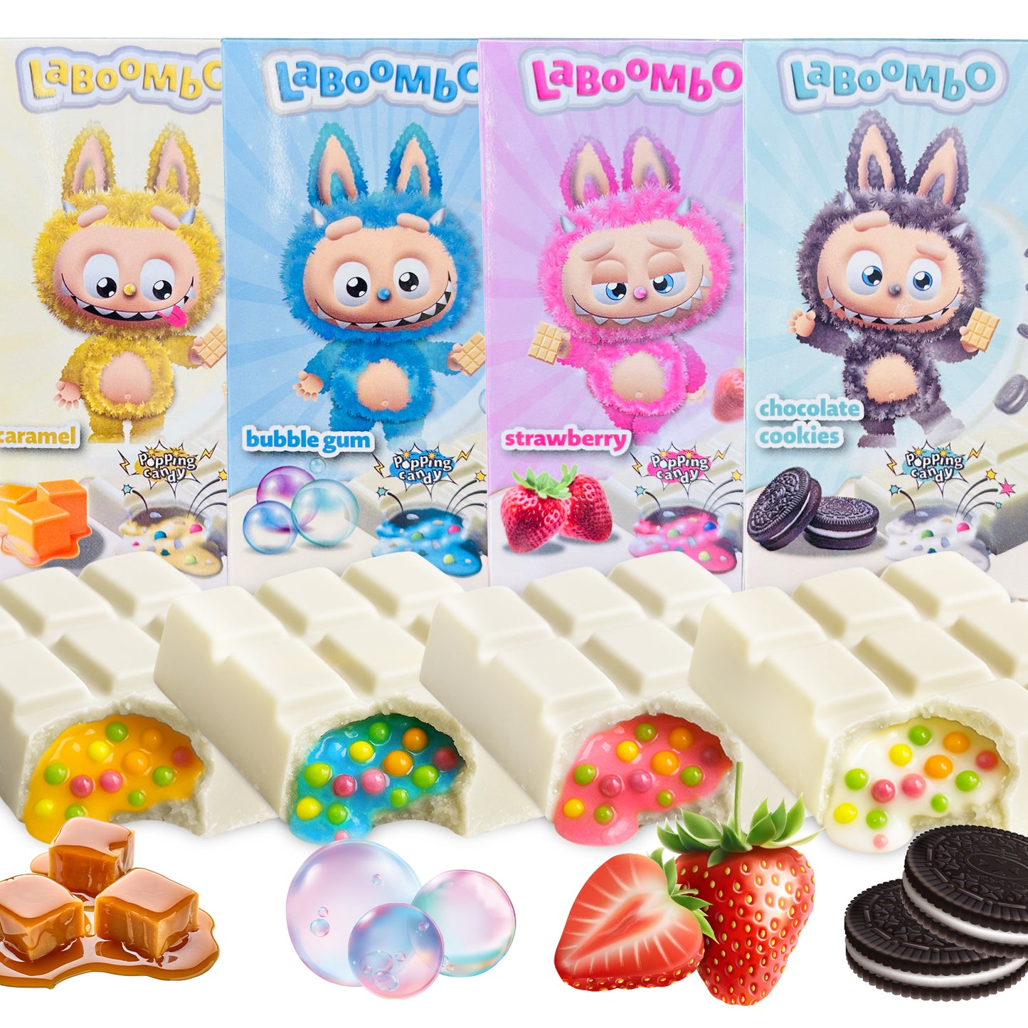 Ceres Gourmet’s Laboombo Dubai Chocolate Bars—Cookies, Strawberry, Caramel, and Bubble Gum flavors (4x75g)—offer a colorful, cartoon bunny-themed gourmet gift with unique chocolate and vibrant fillings.