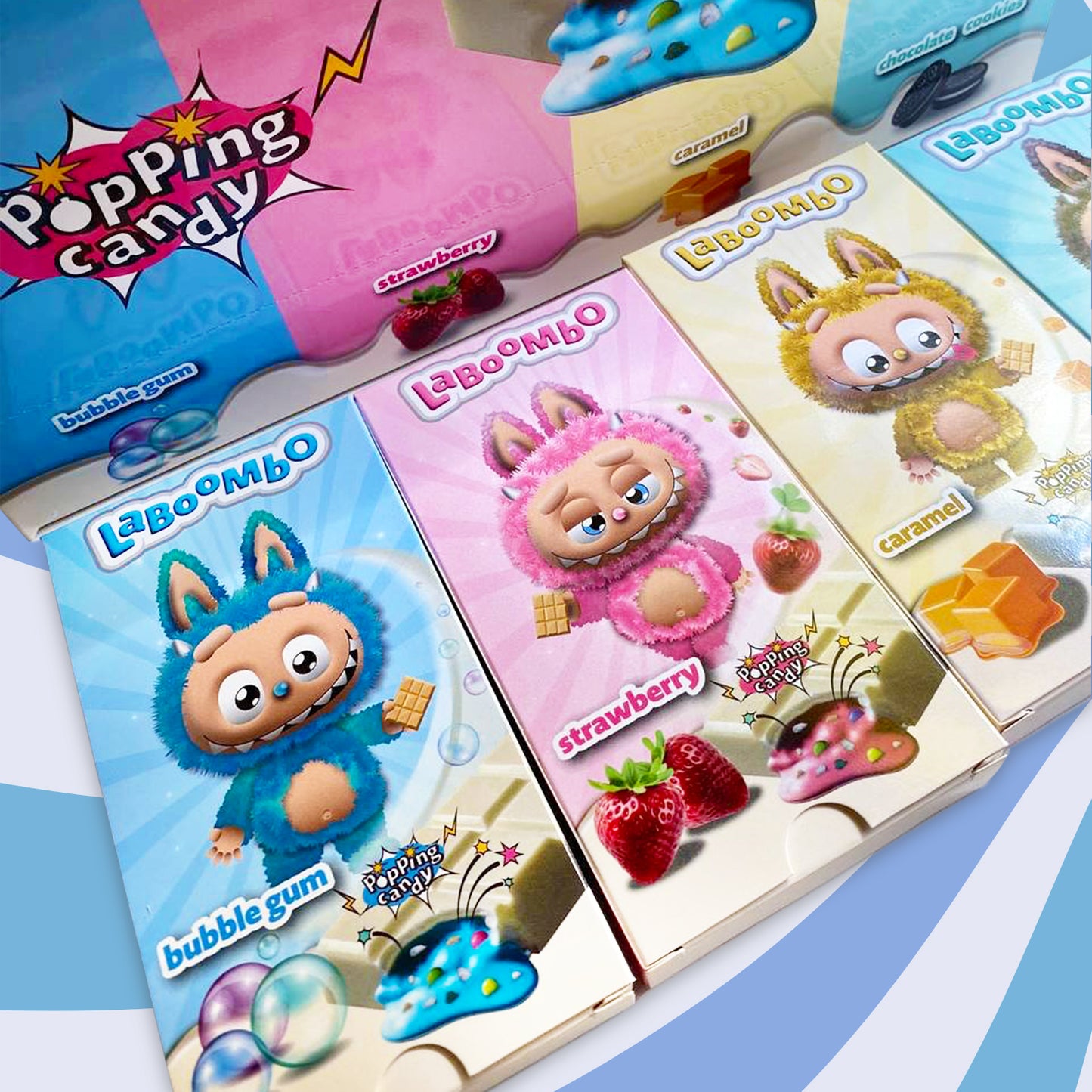 Four colorful 75g Laboombo Dubai Chocolate Bars from Ceres Gourmet in cookies, strawberry, caramel, and bubble gum flavors—each wrapped with playful cartoon animals. A fun gourmet chocolate treat or unique gift for flavor lovers.