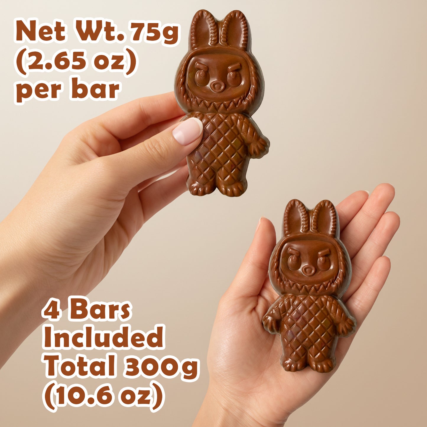 Chocolate bunny bars held in hands with weight and quantity information on a beige background