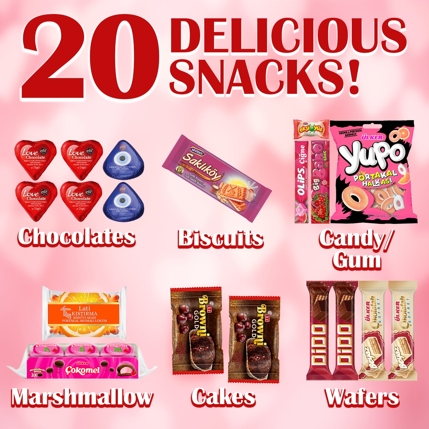 A promotional image with the text 20 Delicious Snacks! features Ceres Gourmets Love Box International Snacks for Your Special Someone 💖—chocolates, biscuits, candy/gum, marshmallows, cakes & wafers in vibrant packaging on a pink background, perfect for Valentine’s Day.