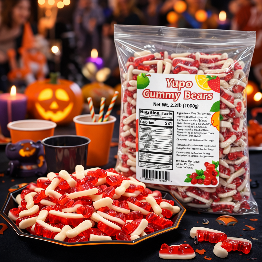 Bag of Yupo Gummy Bears with a Halloween-themed background featuring pumpkins and candles.