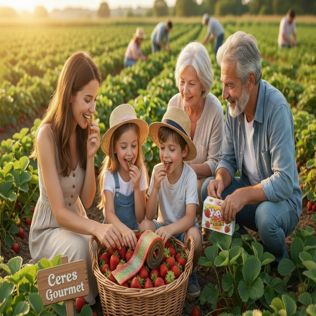 Family enjoying strawberries in a field with a Yupo brand sign.
