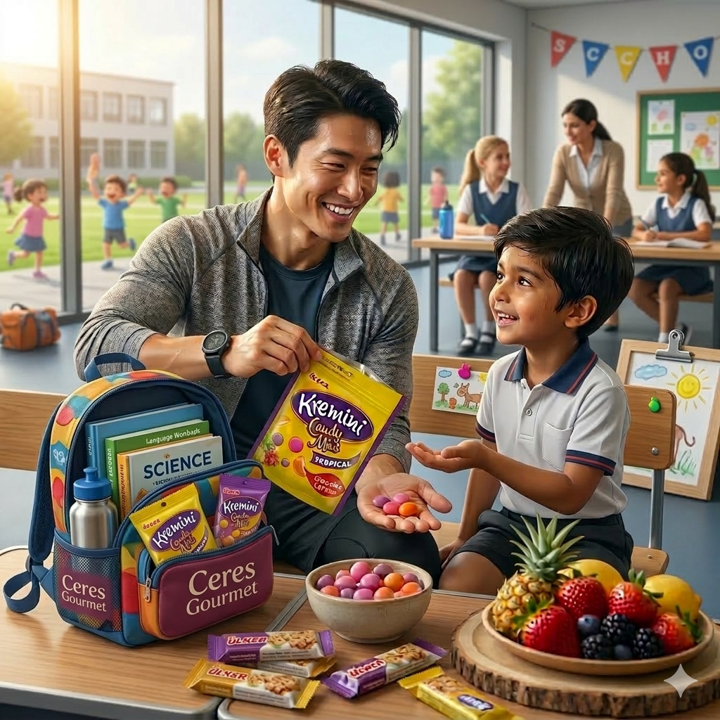 Man and child in a classroom setting with snacks and a backpack.