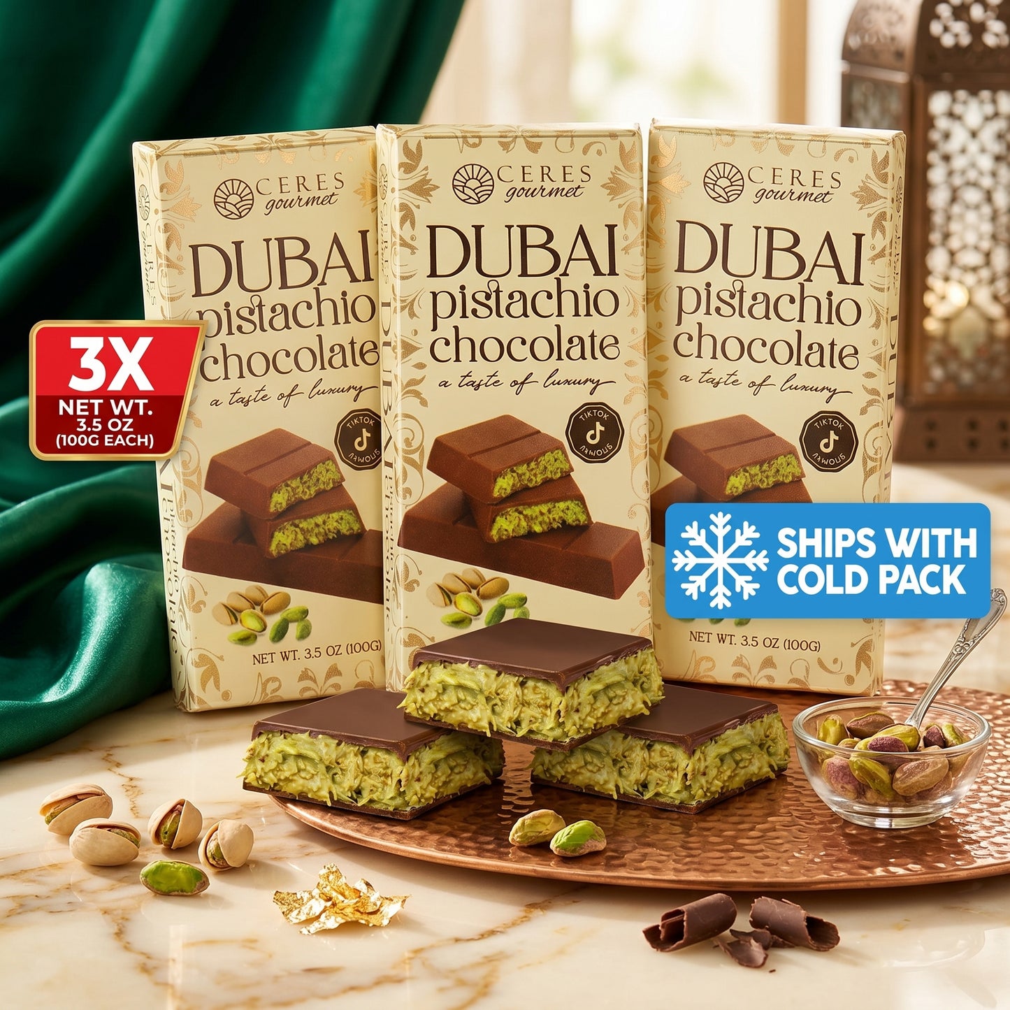 Viral Dubai Pistachio Chocolate Bar with Crunchy Kataifi - 3 Pack (3x100g)