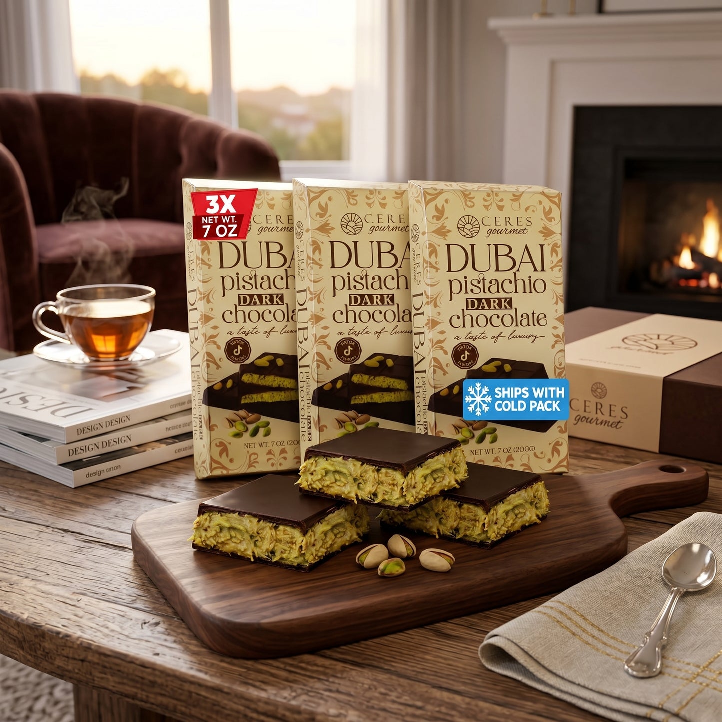 JUMBO Viral Dubai Pistachio Dark Chocolate Bar - Extra Thick 7oz (200g) - 3 Pack