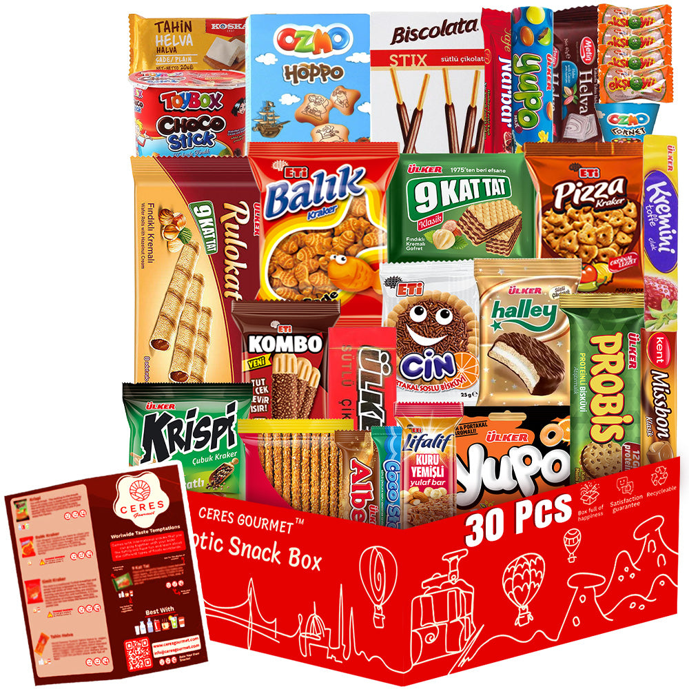 A vibrant International Snack Box by Ceres Gourmet features 30 unique assorted snacksâincluding cookies, chocolate bars, crackers, and candyâneatly arranged in colorful packaging labeled 30 PCS and Ceres Gourmet.
