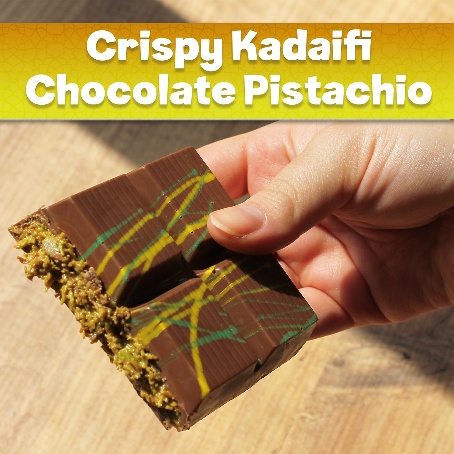 A hand holds a Ceres Gourmet Bulk Size Milky Dubai Chocolate Pistachio Bar (7oz, 50pcs), filled with crispy kadaifi and topped with colorful drizzles. Text above reads: Crispy Kadaifi Chocolate Pistachio.